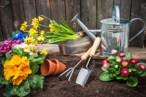 Professional lawn care team working on a well-manicured lawn.