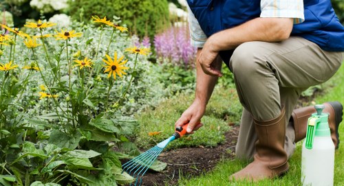 Landscapers installing permeable paving in an urban courtyard