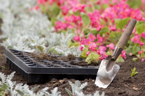 In a garden scene, a black plastic seed tray rests on freshly turned dark soil, with a small gardening trowel partially embedded in the ground nearby. The background displays a variety of colourful flowering plants, including pink and white blooms, indicating a well-maintained garden bed. The soil appears moist and healthy, ready for planting, with the surrounding area showing hints of green foliage. The scene suggests outdoor gardening activity typical of a landscaped backyard or front garden in Waterloo, with a focus on planting preparations and garden maintenance by a professional gardening service like Lawn Mowing Waterloo. The lighting indicates a natural daylight environment, possibly a mild, overcast day conducive to gardening work, with no visible tools or equipment beyond the seed tray and trowel, emphasizing a careful, detailed approach to garden care and planting prep.